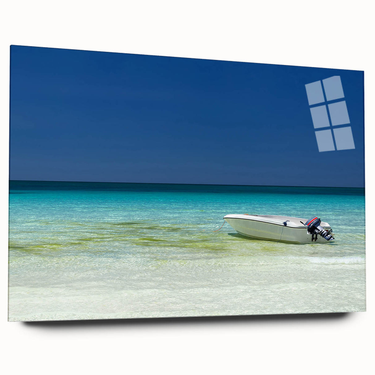 Large abstract wall art depicting the Cancun scenery in vibrant blue and green tones on acrylic glass.