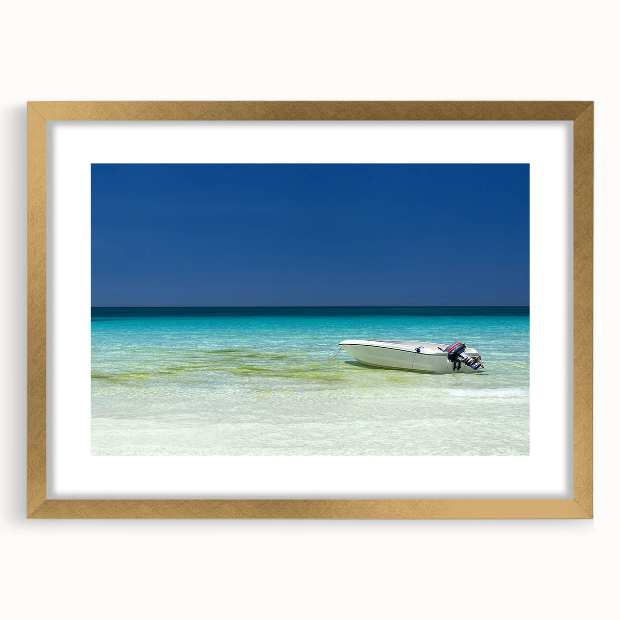 Extra large abstract art print of Cancun scenery in textured gold frame, ideal for living room decor.