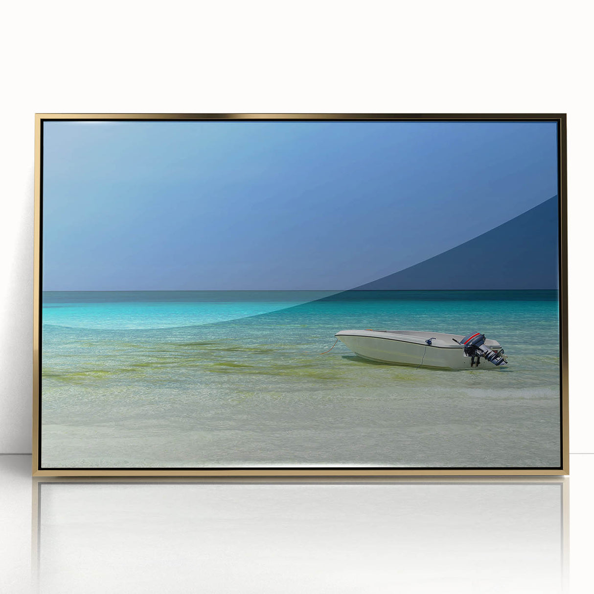 Framed acrylic print of Cancun scenery, with vibrant blue and green tones, ideal for modern art wall decor.