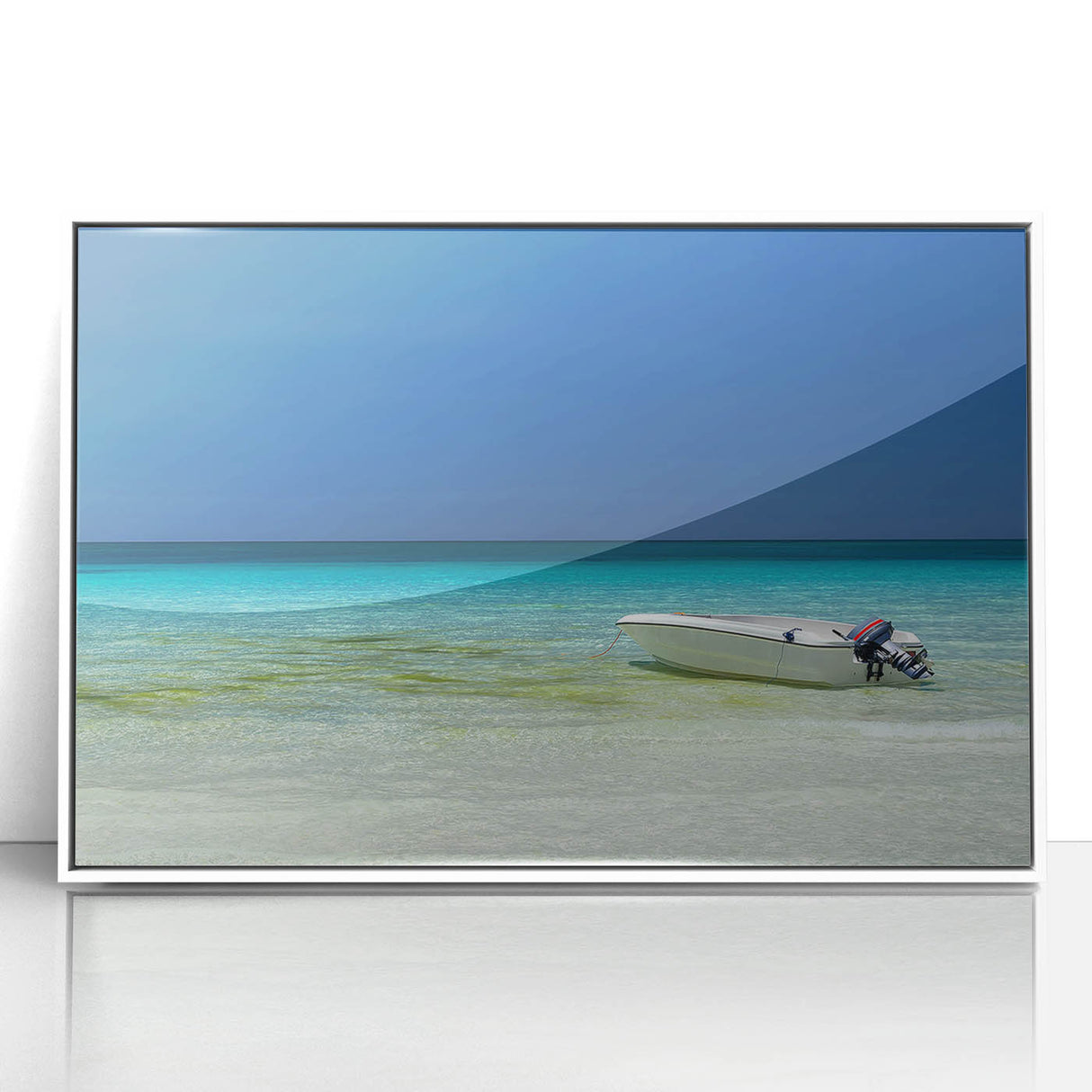 Acrylic print of Cancun scenery in art deco style, with vibrant blue and white tones, ideal for modern nursery wall art.