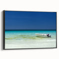 Black and white framed canvas of Cancun landscape, vintage poster style, ideal for bedroom wall art.
