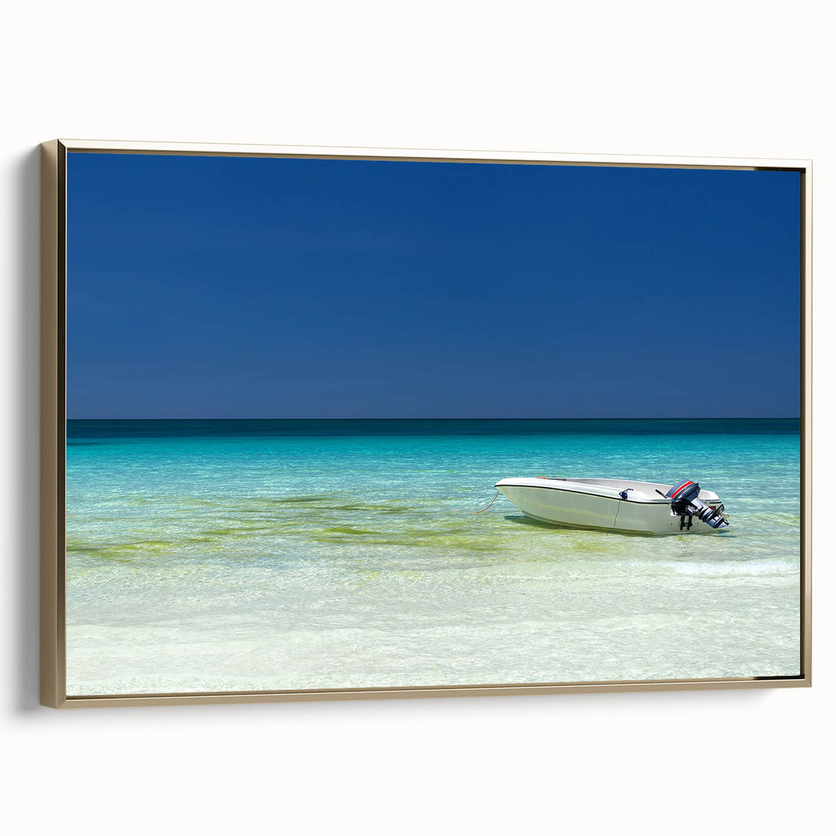 Framed canvas wall art depicting a vintage-style Cancun landscape in black and gold tones, ideal for bedroom decor.