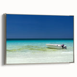 Landscape art painting of Cancun scenery on framed canvas, with vibrant colors and silver frame, ideal for living room decor.