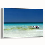 Vintage poster art of Cancun scenery on a framed canvas, featuring colorful art with black accents.