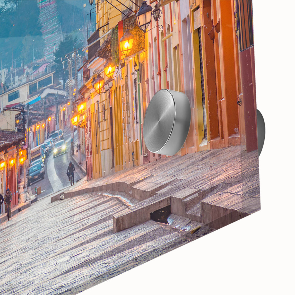 Acrylic print of Mexico City with large abstract elements in mid-century modernist style, ideal for dining room art.