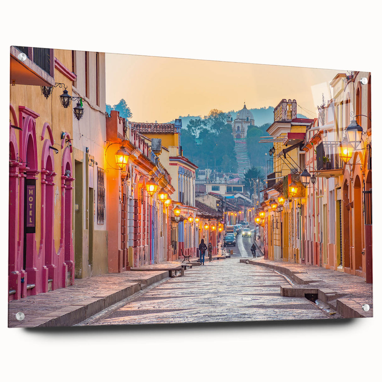 Acrylic print of Mexico City skyline in muted earth tones, ideal for dining room or bedroom decor.
