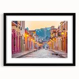 Extra large abstract art print of Mexico City, featuring vibrant, colorful textures on a framed black mat.