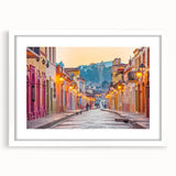 Abstract art print of Mexico City skyline in muted gray and blue tones on a white-framed canvas.