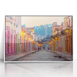 Art Deco-style poster of Mexico City skyline in muted gray and blue tones, framed acrylic.