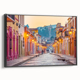 Framed canvas of a black and white vintage poster art depicting Mexico City landscape, suitable for bedroom wall decor.