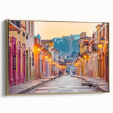 Framed canvas of Mexico City landscape in muted gold tones, ideal for bedroom wall art.