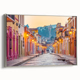 Framed canvas of a vintage-style Mexico City landscape with colorful art and black accents, ideal for living room decor.