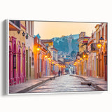 Vintage poster art of Mexico City skyline in colorful hues on white framed canvas, ideal for living room decor.
