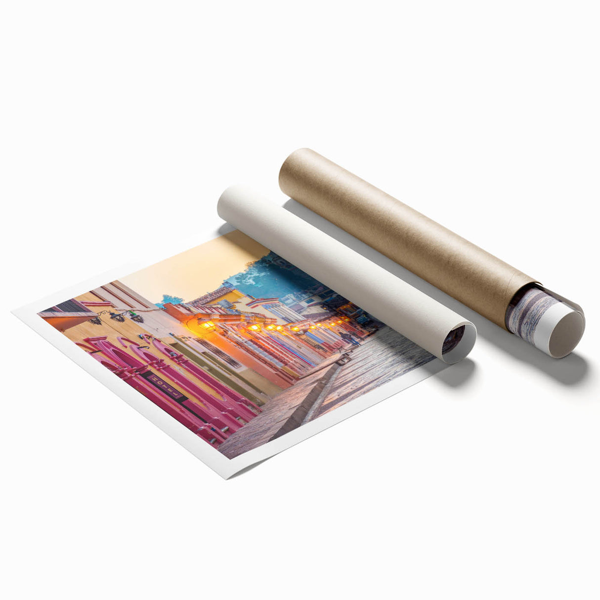 Extra large rolled print of Mexico City scenery with vibrant floral elements, ideal for classy bathroom wall art.