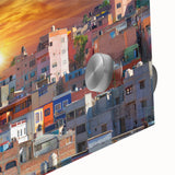 Mid-century modernist art of Guanajuato landscape on acrylic glass, featuring muted earth tones, ideal for dining room art.