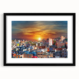 Extra large framed wall art of an abstract Guanajuato scenery in vibrant, colorful textures, ideal for living room decor.