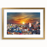 Extra large abstract art print of Guanajuato scenery in textured gold frame, ideal for living room decor.