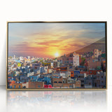 Framed acrylic print of Guanajuato, Mexico, featuring colorful buildings in a mid-century modernist style.