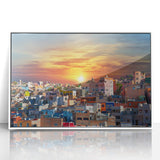 Art deco poster of Guanajuato scenery with vibrant colors on a white framed acrylic, suitable for modern nursery decor.
