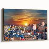 Framed canvas of a vintage-style landscape painting of Guanajuato, Mexico, featuring muted earth tones.