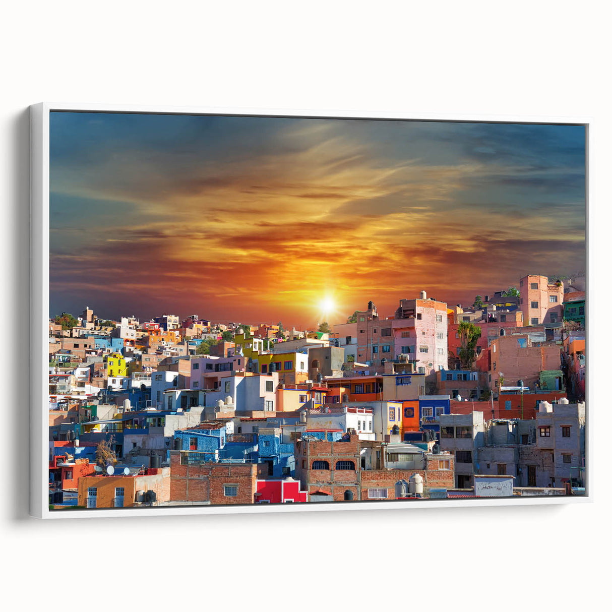 Vintage poster art of Guanajuato, Mexico on framed canvas, featuring vibrant, colorful streets ideal for living room decor.