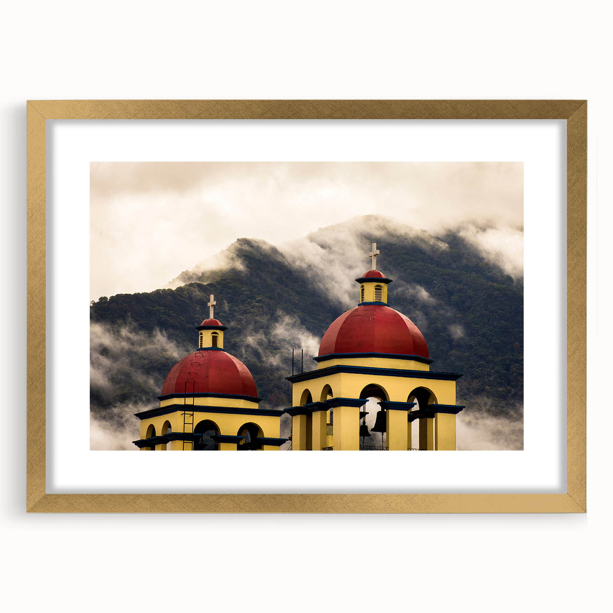 Extra large abstract art print depicting a textured scenery of Oaxaca, with vibrant colors, framed in gold.