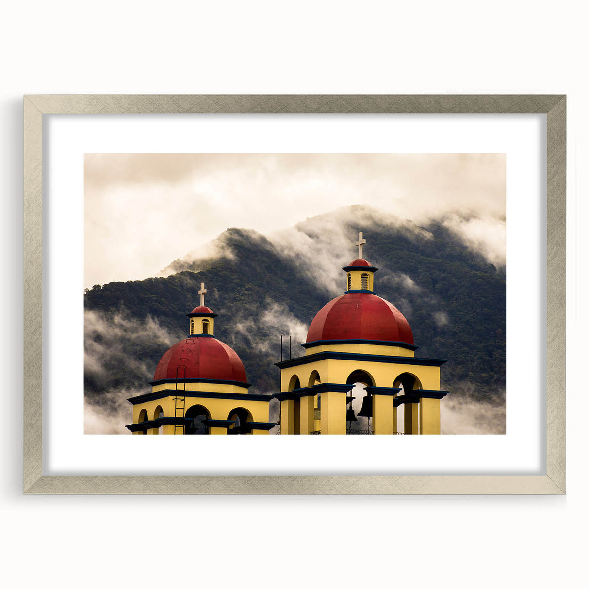 Textured abstract art print of a serene Oaxaca landscape in muted earth tones, framed in silver, ideal for bedroom decor.