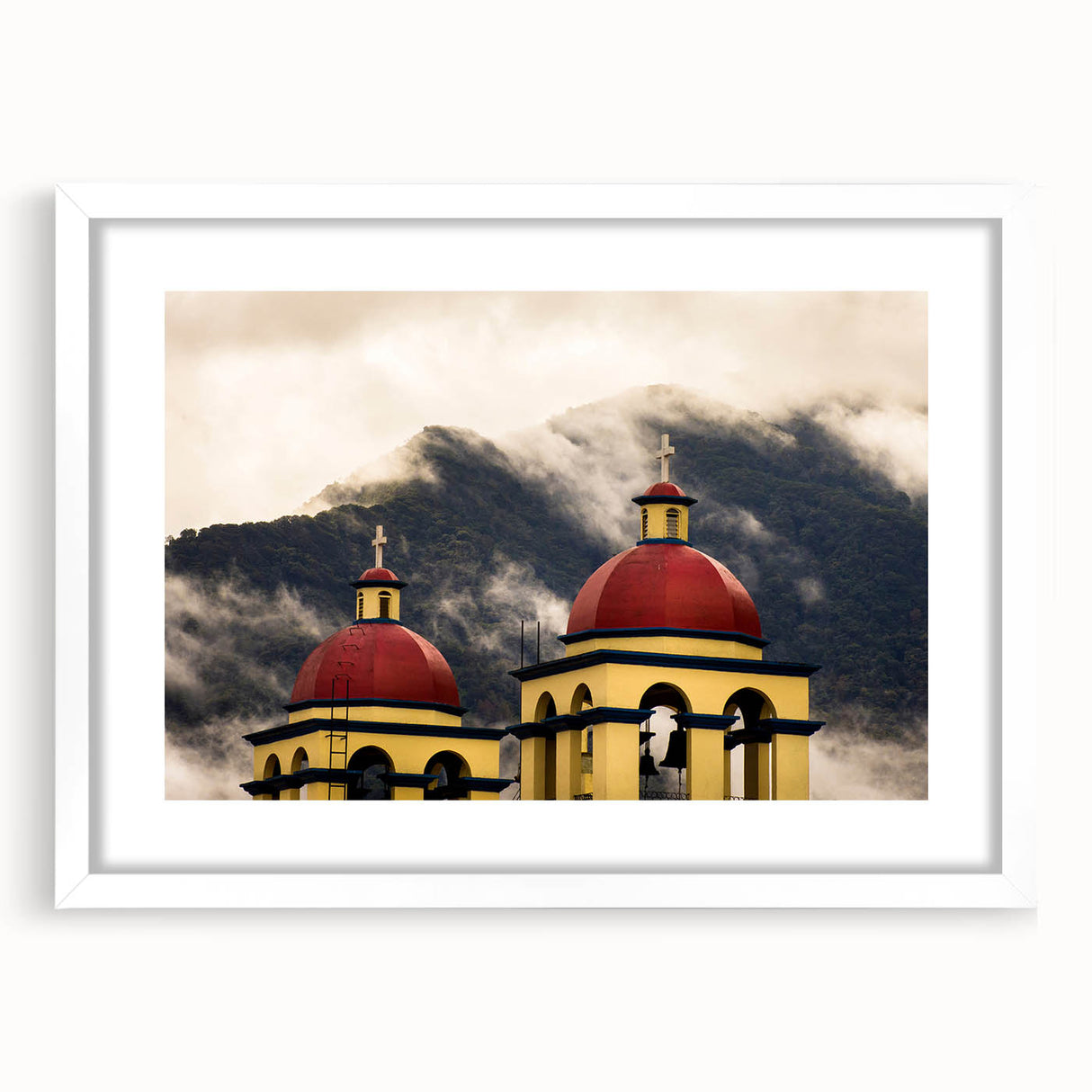 Abstract art print of Oaxaca scenery in muted earth tones, framed with a white mat, suitable for dining room decor.