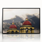 Large abstract wall art depicting a vibrant Oaxaca landscape in mid-century modernist style, framed in black acrylic.