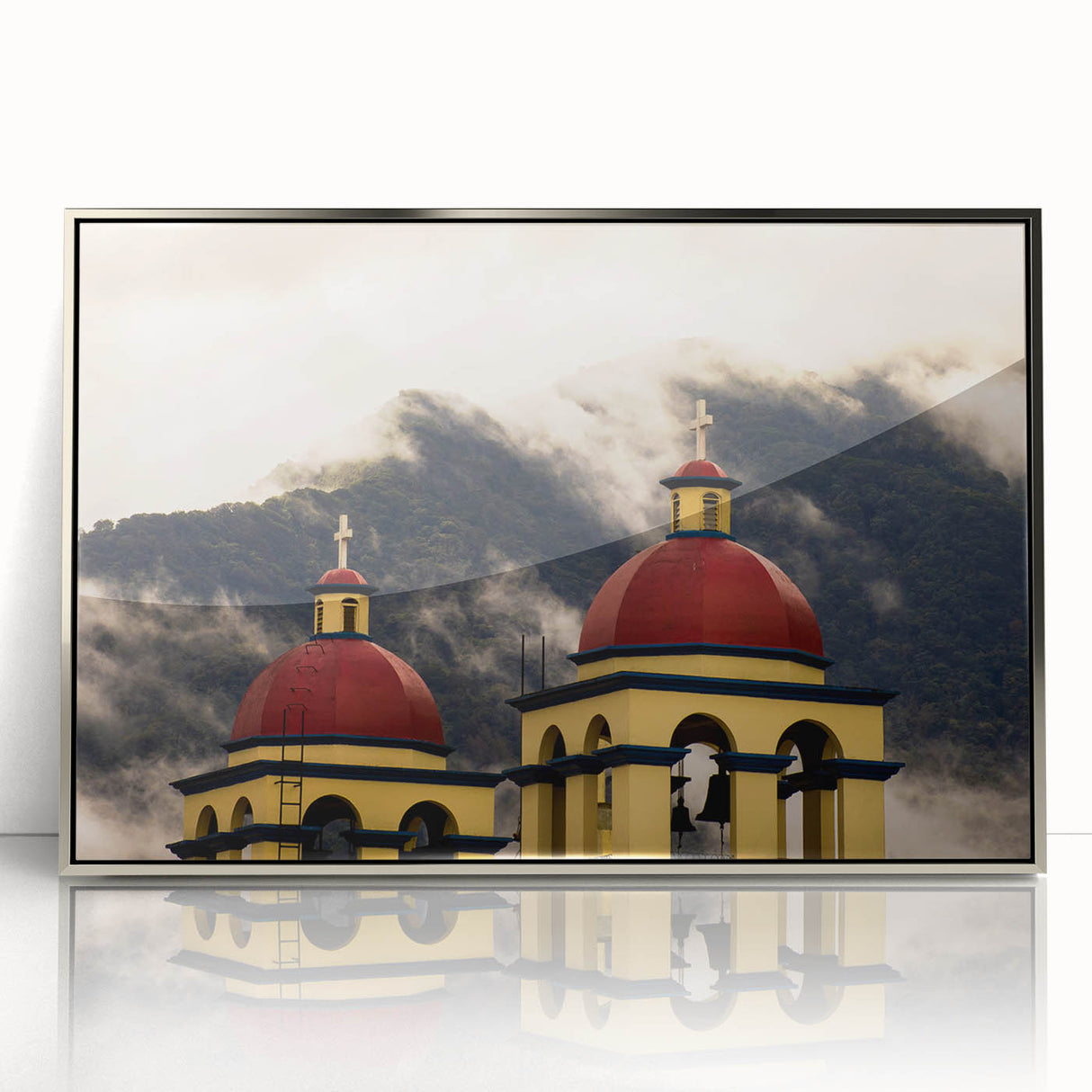 Mid-century modernist art depicting Oaxaca scenery in muted earth tones, framed in silver acrylic.
