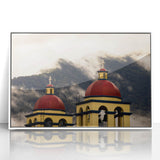 Acrylic print of Oaxaca, Mexico scenery in art deco style with vibrant colors, framed in white.