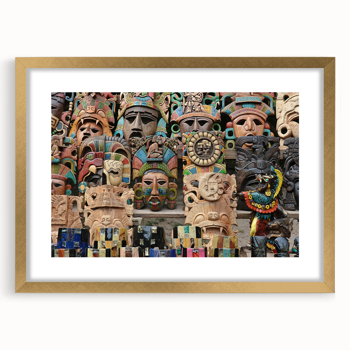 Extra large abstract art print featuring textured scenery of Yucatan in gold frame, suited for living room decor.