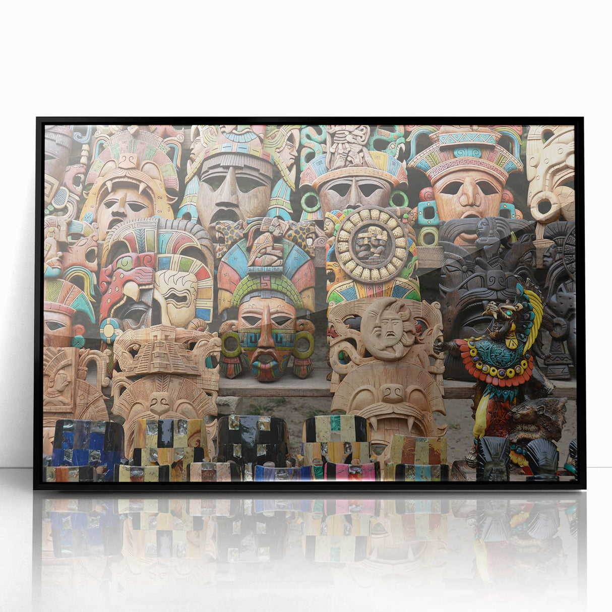 Large abstract wall art featuring vibrant hues of the Yucatan scenery in a black framed acrylic print.