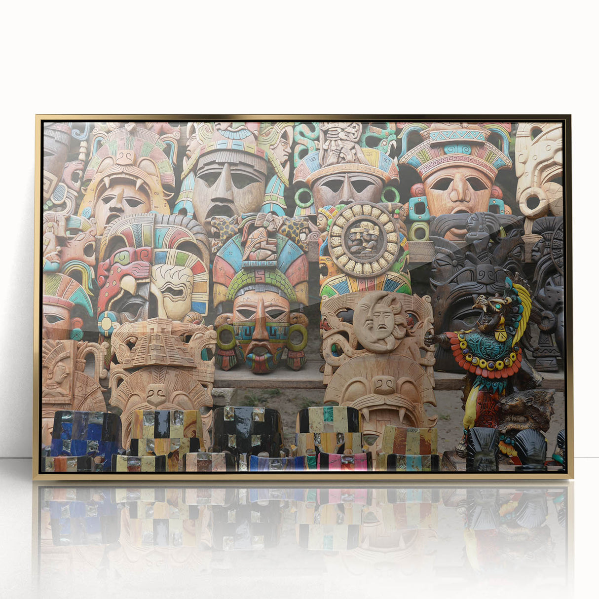Acrylic print of Yucatan scenery with lush greenery in mid-century modernist style, framed in gold.