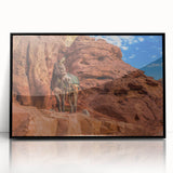 Large abstract wall art depicting a Middle Eastern scenery in muted earth tones on a framed acrylic.