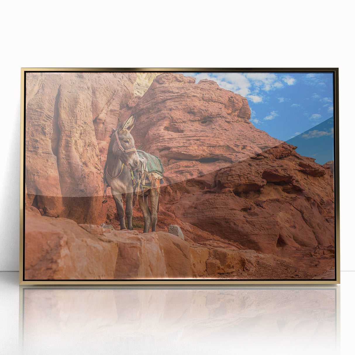 Mid-century modernist acrylic print of a Middle Eastern landscape in gold and earth tones, ideal for modern art wall decor.