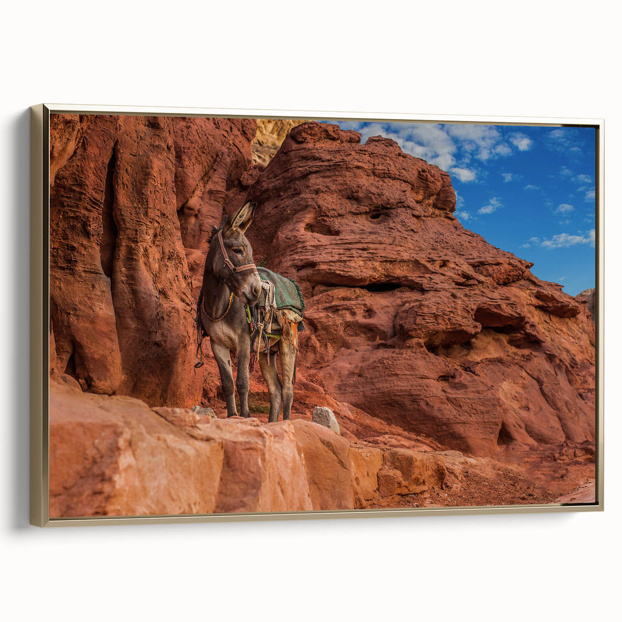 Framed canvas featuring a vintage-style landscape painting of Middle Eastern scenery, ideal for bedroom wall art.
