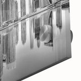 Acrylic print of Dubai skyline in muted earth tones, ideal for dining room art in a mid-century modernist style.