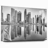 Acrylic print of Dubai skyline in muted earth tones, suited for dining room or bedroom decor.