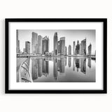 Extra large abstract art print of Dubai skyline in vibrant colors on a textured canvas, ideal for living room decor.