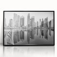 Large abstract wall art depicting the Dubai skyline in muted gray and blue tones on a framed acrylic.