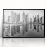 Large abstract wall art depicting the Dubai skyline in muted gray and blue tones on a framed acrylic.
