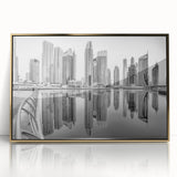 Large art print of Dubai skyline in gold and beige tones on a framed acrylic, ideal for modern art wall decor.