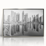 Mid-century modernist art depicting Dubai skyline in silver acrylic frame, ideal for nursery wall decor.