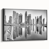 Black and white framed canvas of Dubai landscape, ideal for bedroom wall art.