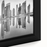 Extra large framed canvas of a textured Dubai skyline in black with colorful accents, ideal for living room decor.