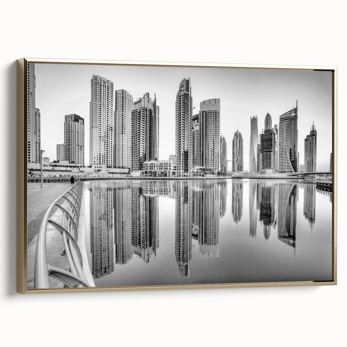 Framed canvas wall art featuring a black and gold vintage poster of the Dubai skyline, ideal for bedroom decor.