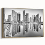 Framed canvas wall art featuring a black and gold vintage poster of the Dubai skyline, ideal for bedroom decor.