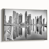 Framed canvas featuring a colorful Dubai skyline landscape with silver accents, ideal for office decor.