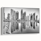 Vintage poster art of Dubai skyline in vibrant colors on a large framed canvas, ideal for living room decor.